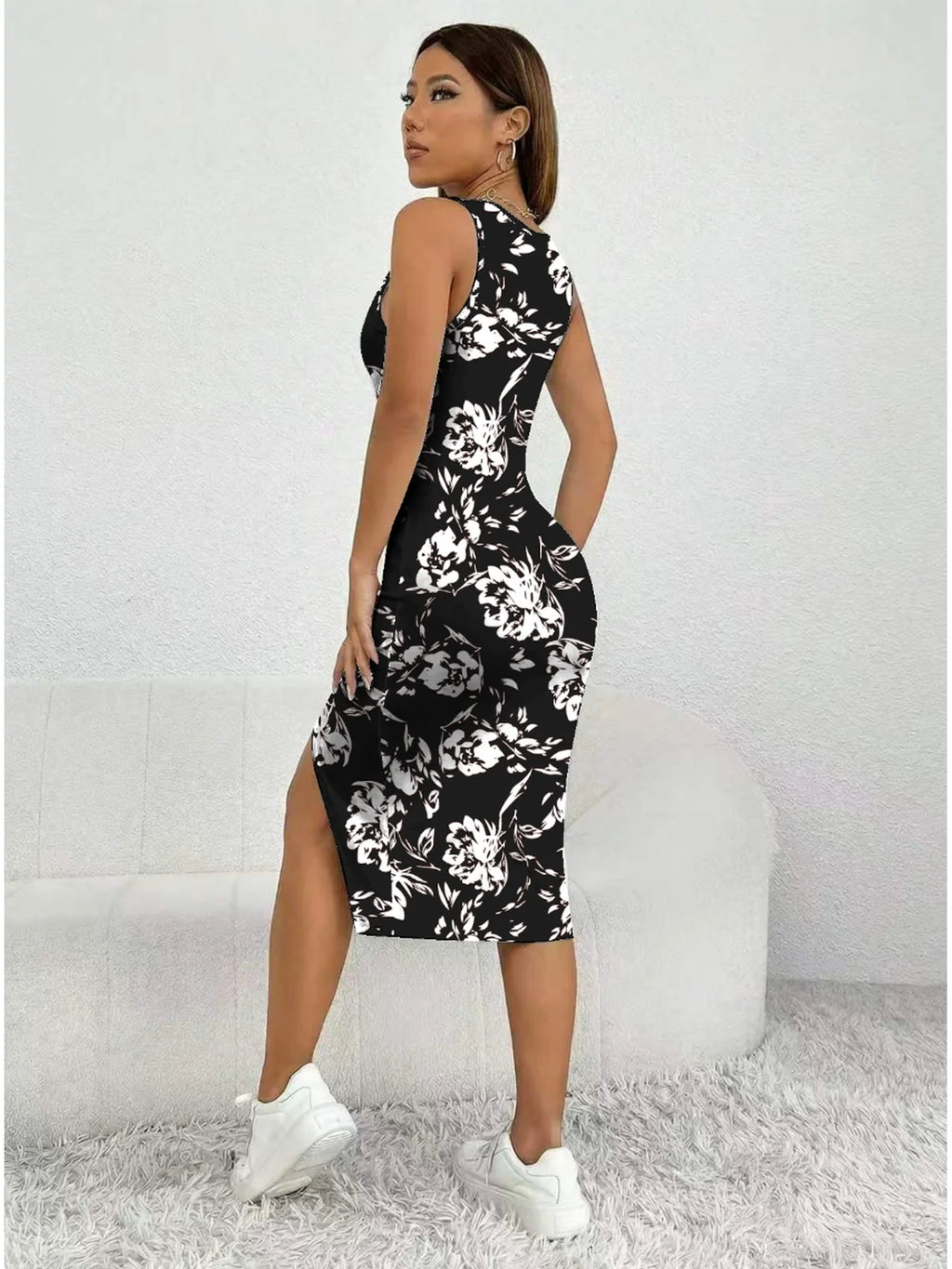 Women's Summer Casual Elegant Comfortable Square Neck Geometric Pattern Floral  Pattern Slit Dress Mid Length Skirt