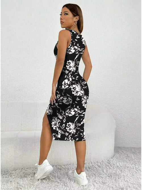 Women's Summer Casual Elegant Comfortable Square Neck Geometric Pattern Floral  Pattern Slit Dress Mid Length Skirt