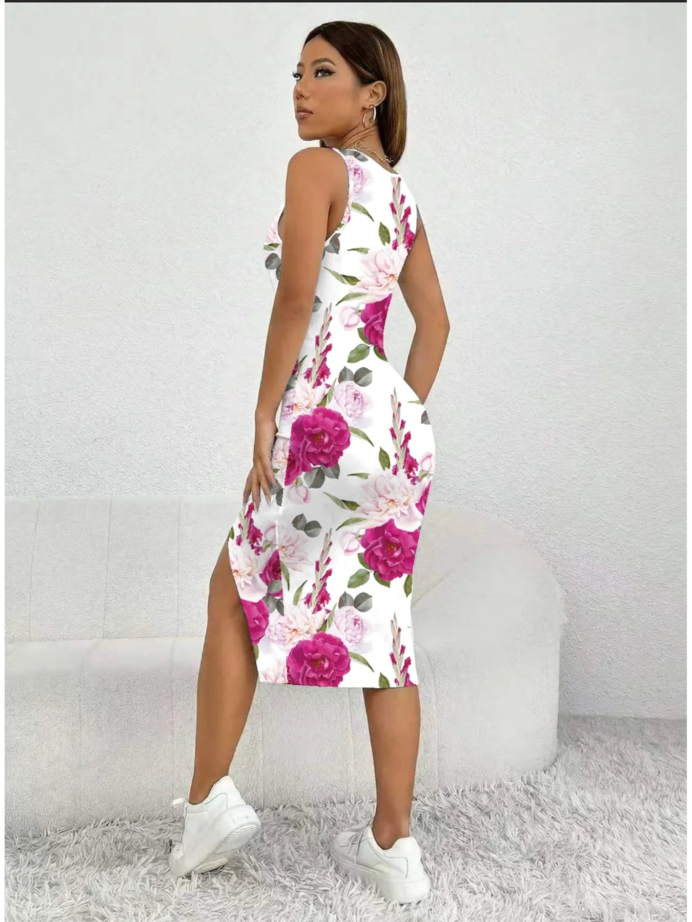 Women's Floral Print Sleeveless Dress Casual Elegant Comfortable Mid-Length  Skirt with Thick Shoulder Strap Square Neck Slit