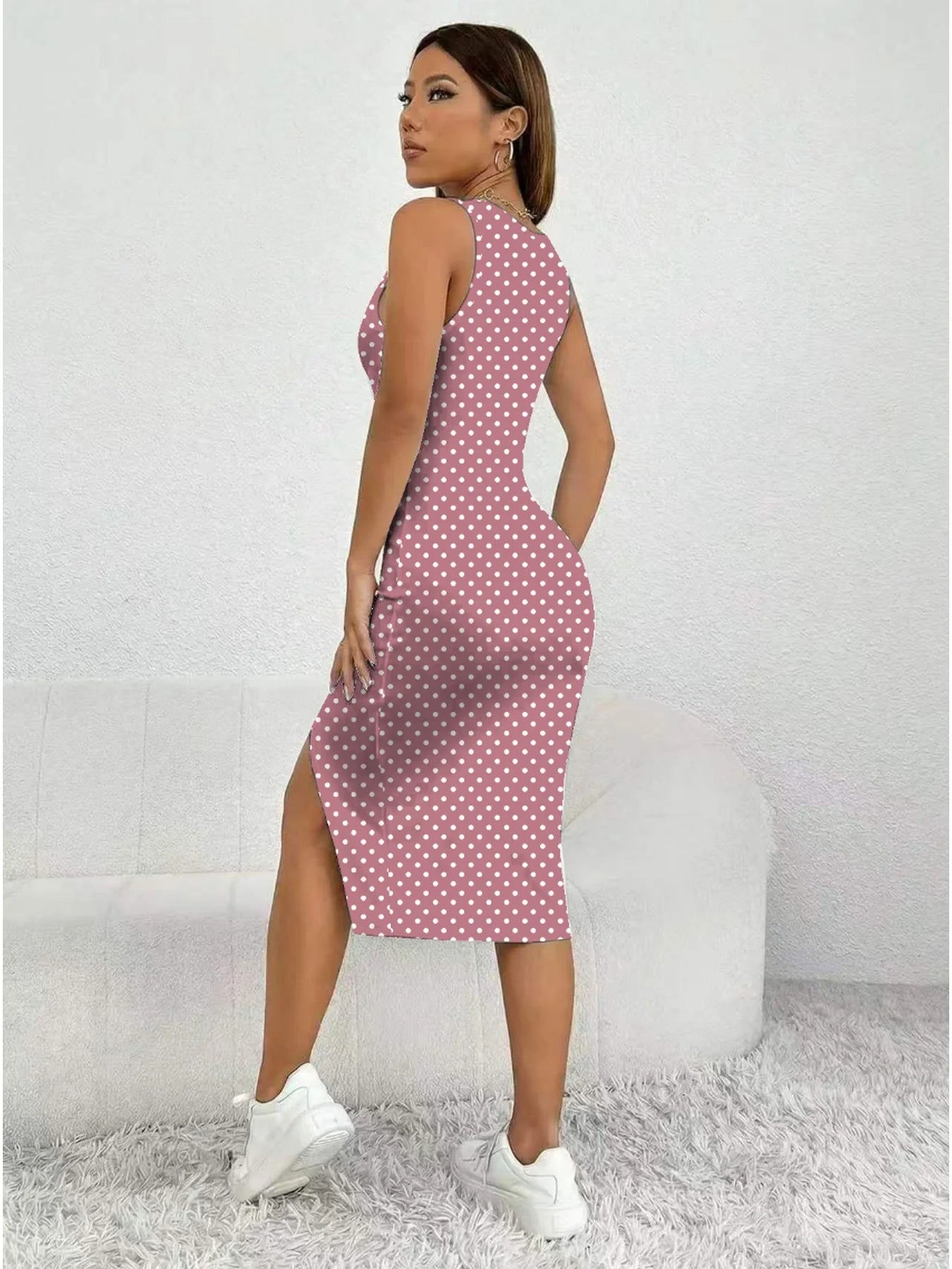 Women's Casual Elegant Thick Strap Square Neck Sleeveless Polka Dot Printed Slit  Dress Mid-Length Skirt