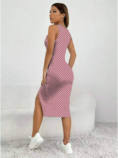 Women's Casual Elegant Thick Strap Square Neck Sleeveless Polka Dot Printed Slit  Dress Mid-Length Skirt