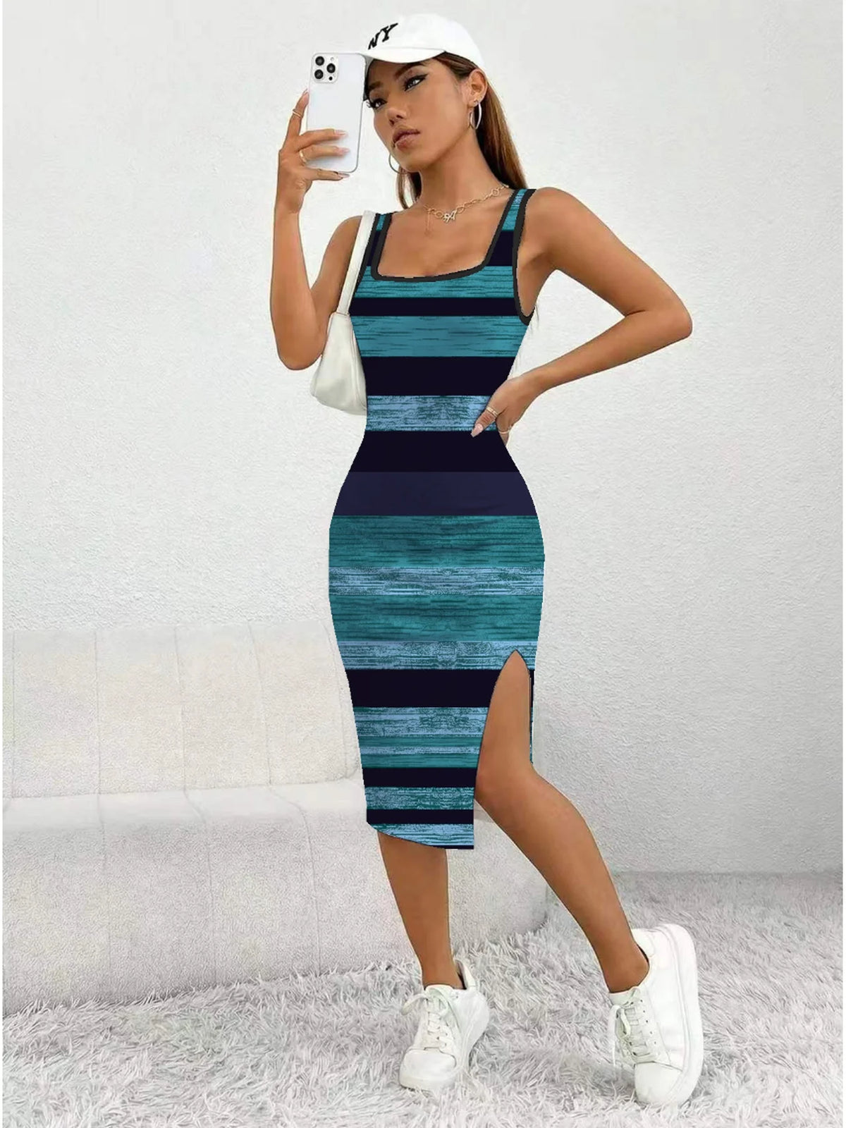 Women's Casual Elegant Comfortable Square Neck Sleeveless Color Block Split Dress mid  Length Skirt