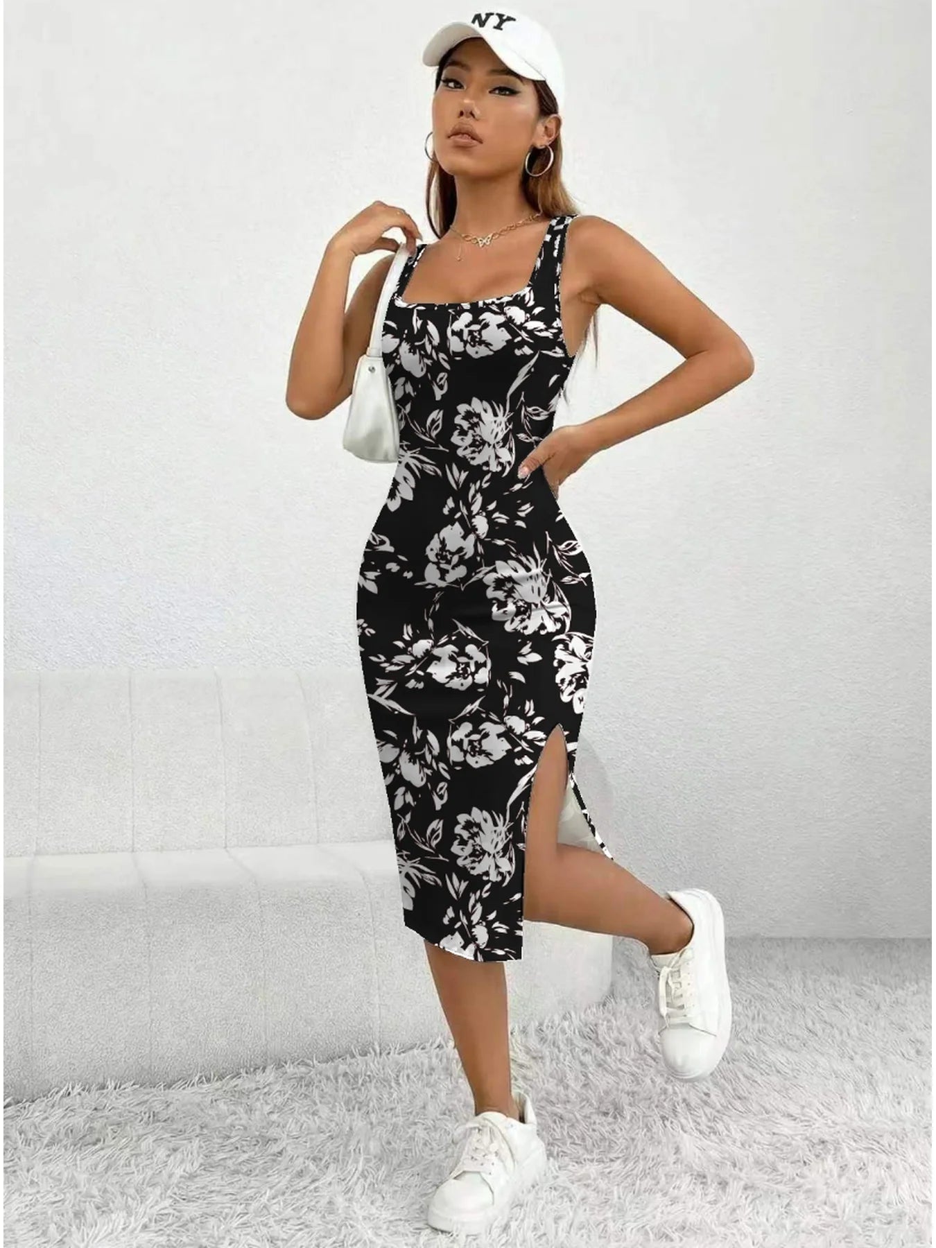 Women's Summer Casual Elegant Comfortable Square Neck Geometric Pattern Floral  Pattern Slit Dress Mid Length Skirt