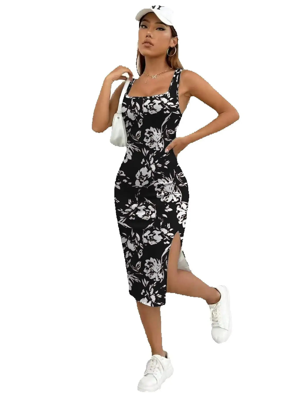 Women's Summer Casual Elegant Comfortable Square Neck Geometric Pattern Floral  Pattern Slit Dress Mid Length Skirt
