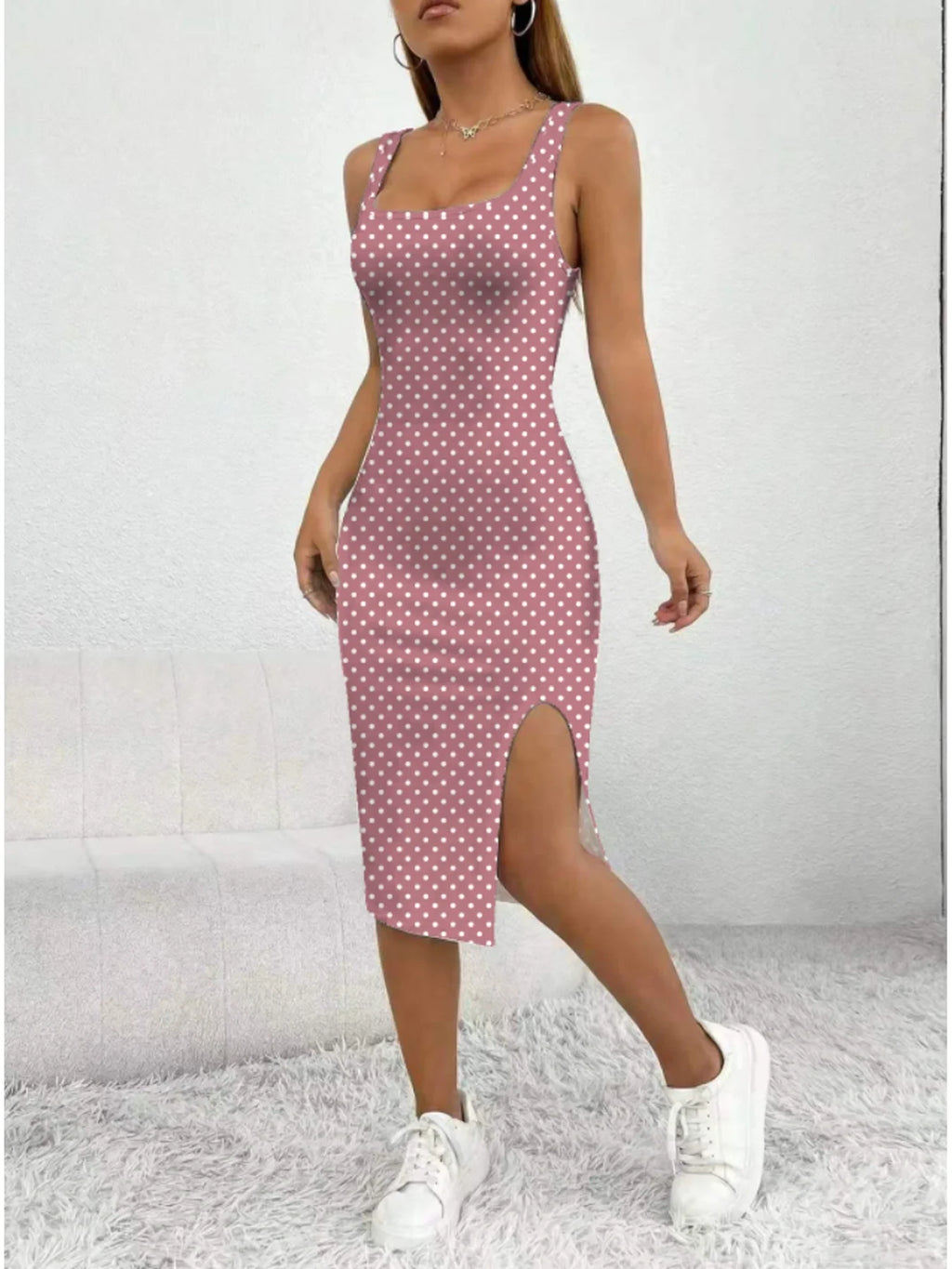 Women's Casual Elegant Thick Strap Square Neck Sleeveless Polka Dot Printed Slit  Dress Mid-Length Skirt