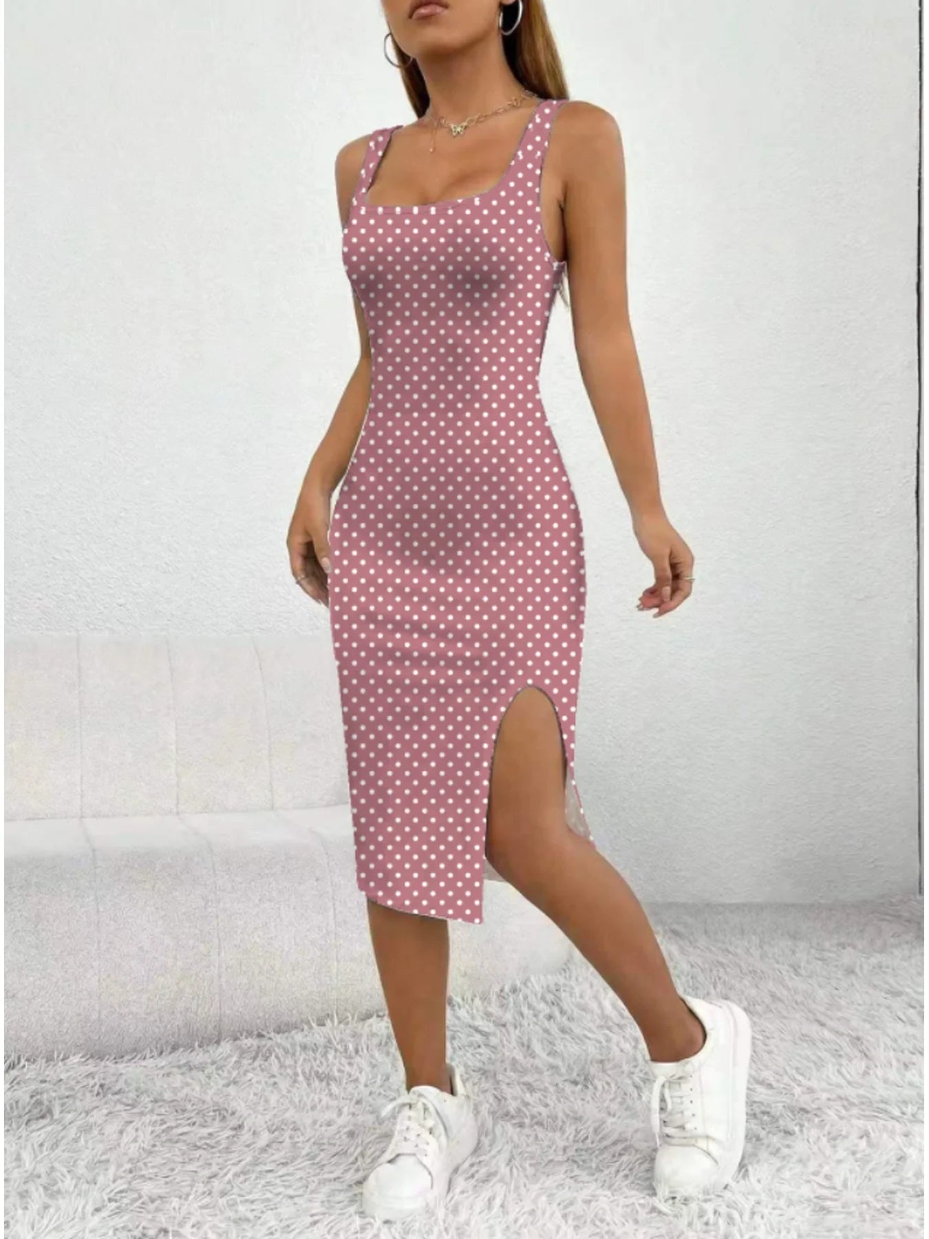 Women's Casual Elegant Thick Strap Square Neck Sleeveless Polka Dot Printed Slit  Dress Mid-Length Skirt