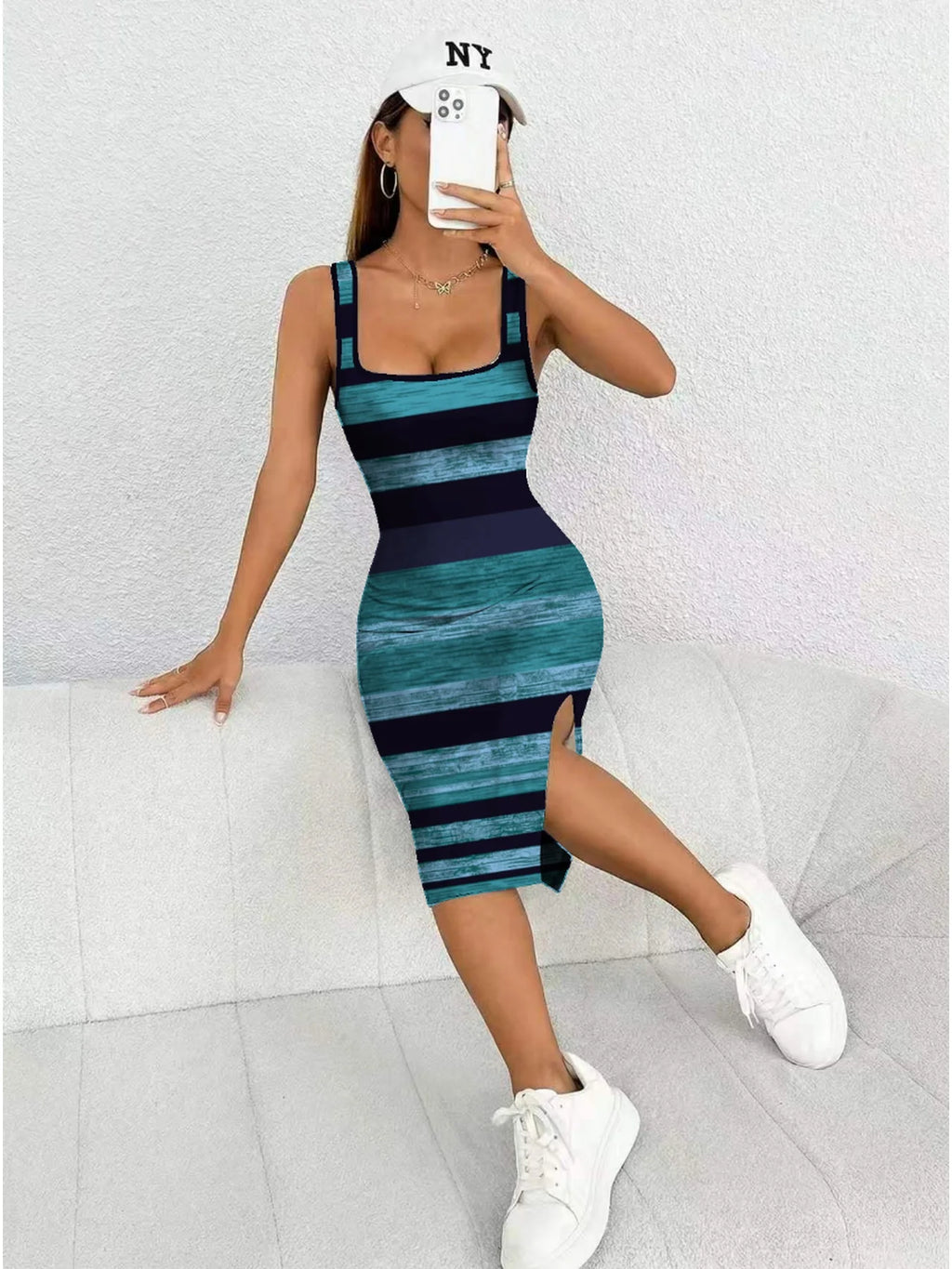 Women's Casual Elegant Comfortable Square Neck Sleeveless Color Block Split Dress mid  Length Skirt