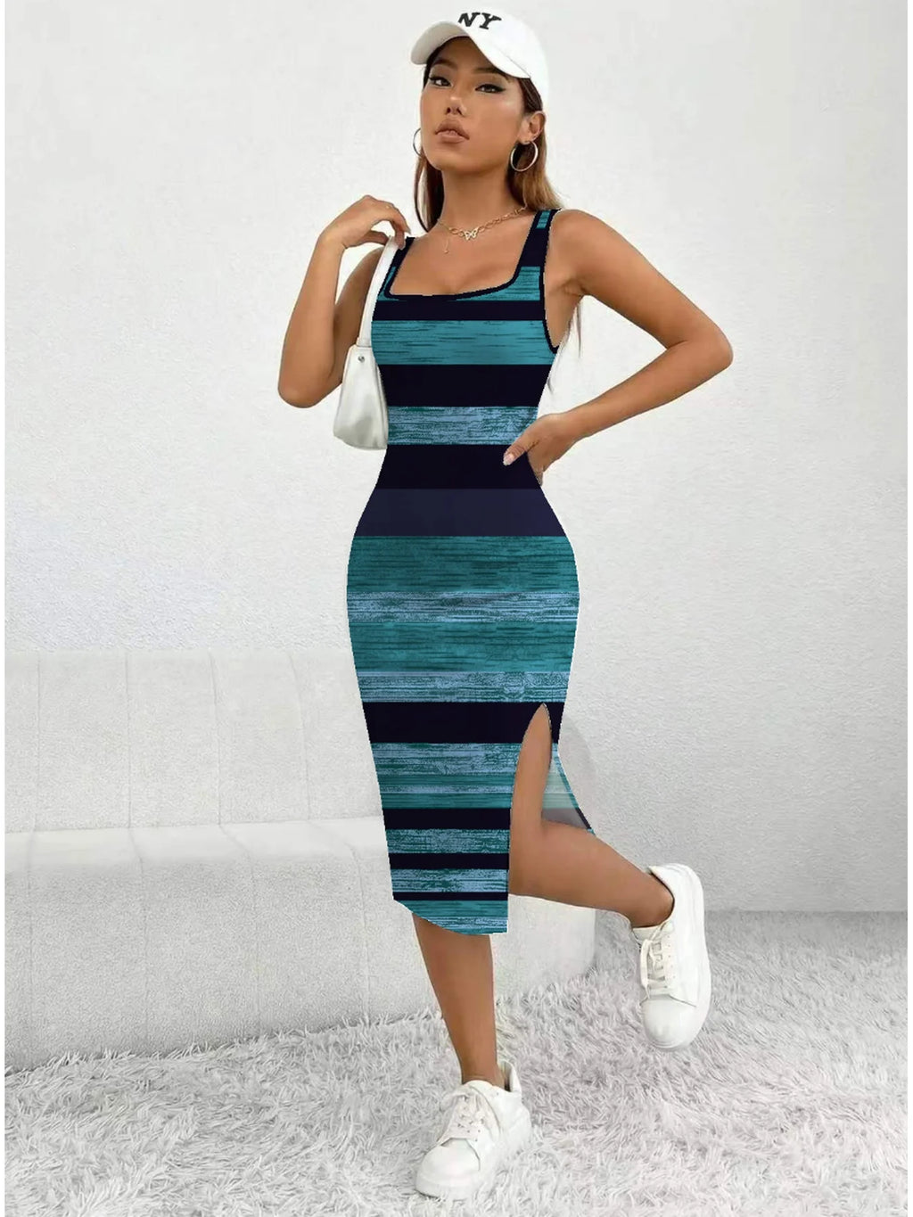 Women's Casual Elegant Comfortable Square Neck Sleeveless Color Block Split Dress mid  Length Skirt