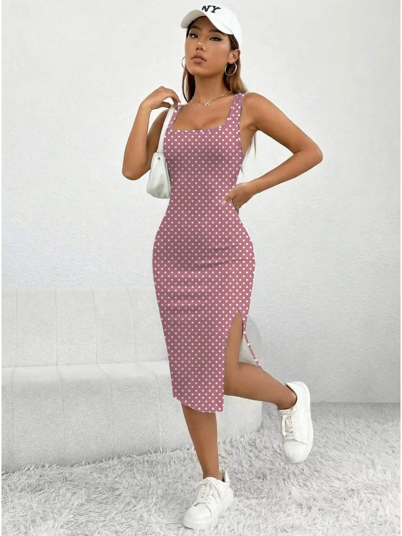 Women's Casual Elegant Thick Strap Square Neck Sleeveless Polka Dot Printed Slit  Dress Mid-Length Skirt