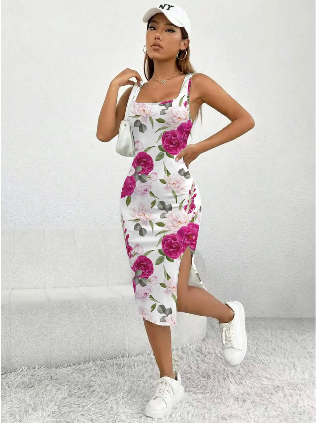 Women's Floral Print Sleeveless Dress Casual Elegant Comfortable Mid-Length  Skirt with Thick Shoulder Strap Square Neck Slit