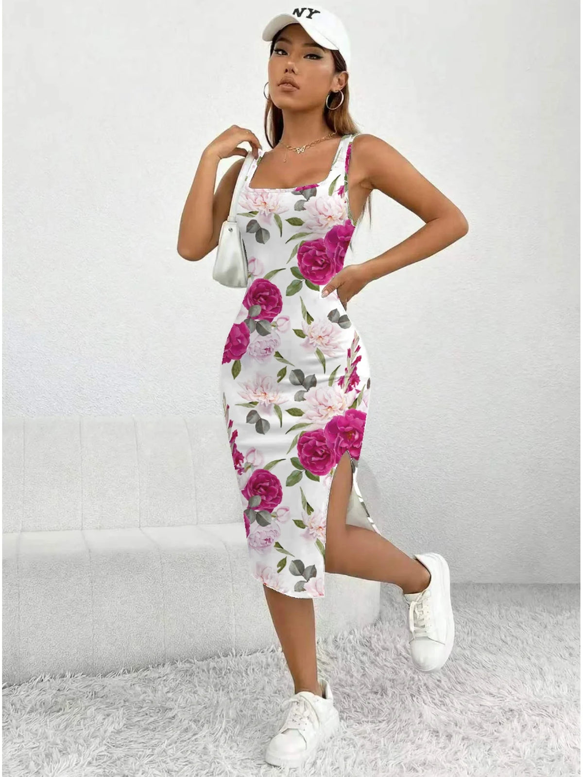 Women's Floral Print Sleeveless Dress Casual Elegant Comfortable Mid-Length  Skirt with Thick Shoulder Strap Square Neck Slit