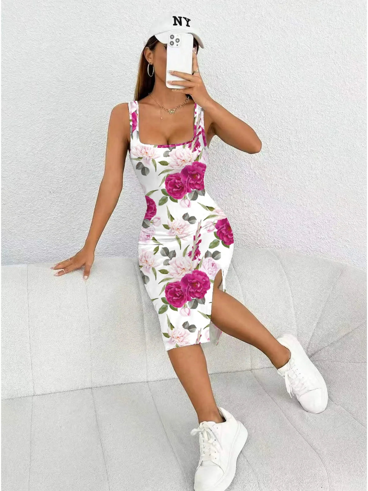 Women's Floral Print Sleeveless Dress Casual Elegant Comfortable Mid-Length  Skirt with Thick Shoulder Strap Square Neck Slit