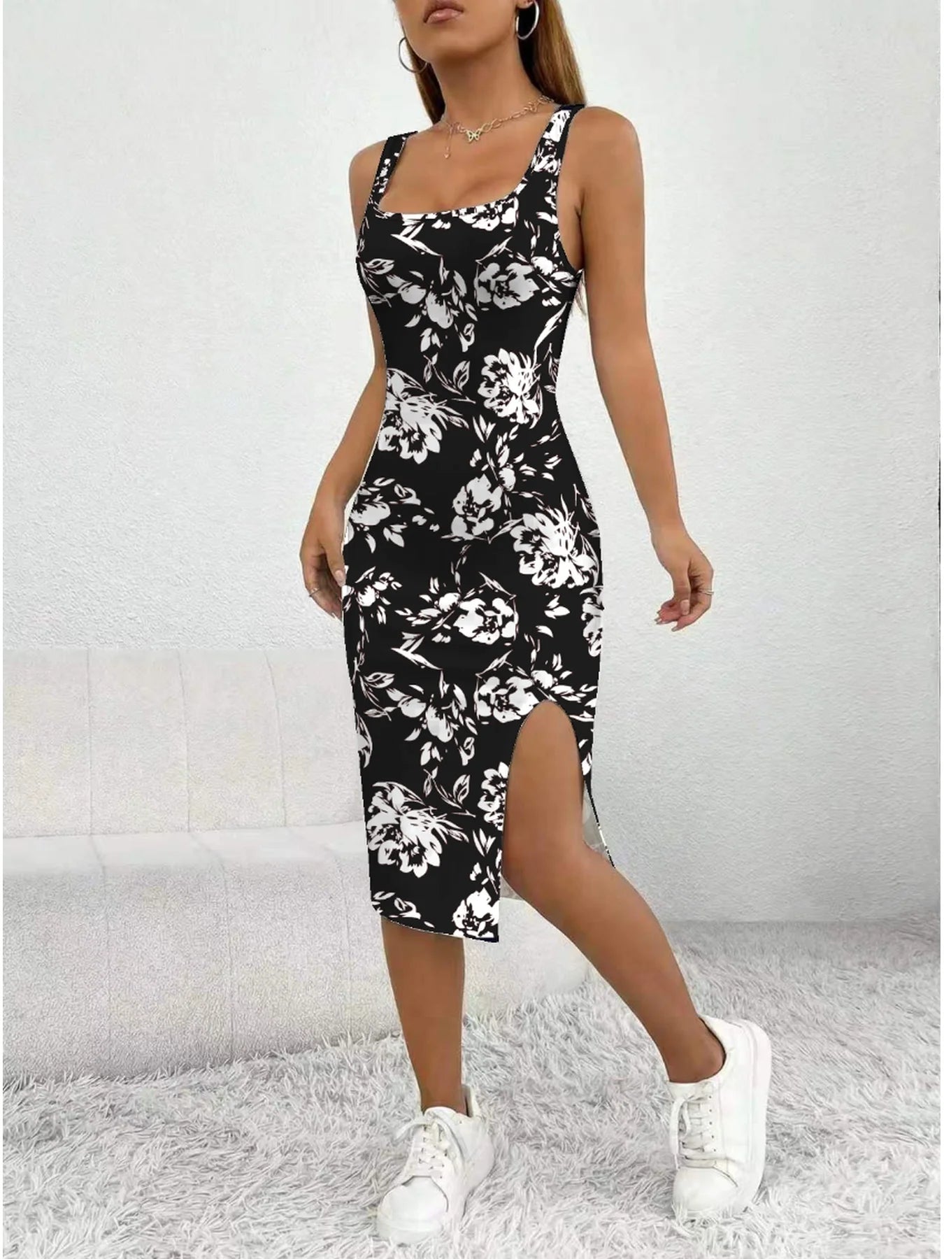 Women's Summer Casual Elegant Comfortable Square Neck Geometric Pattern Floral  Pattern Slit Dress Mid Length Skirt