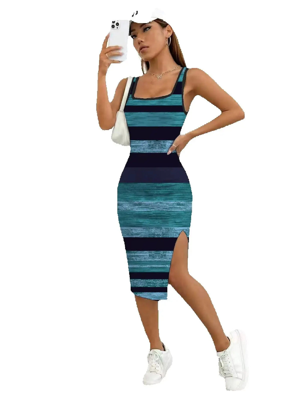 Women's Casual Elegant Comfortable Square Neck Sleeveless Color Block Split Dress mid  Length Skirt