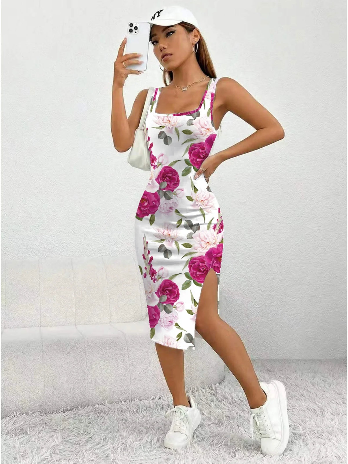 Women's Floral Print Sleeveless Dress Casual Elegant Comfortable Mid-Length  Skirt with Thick Shoulder Strap Square Neck Slit