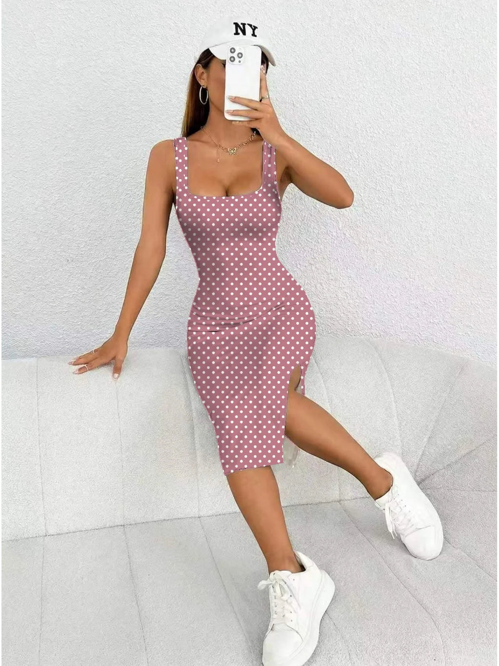 Women's Casual Elegant Thick Strap Square Neck Sleeveless Polka Dot Printed Slit  Dress Mid-Length Skirt