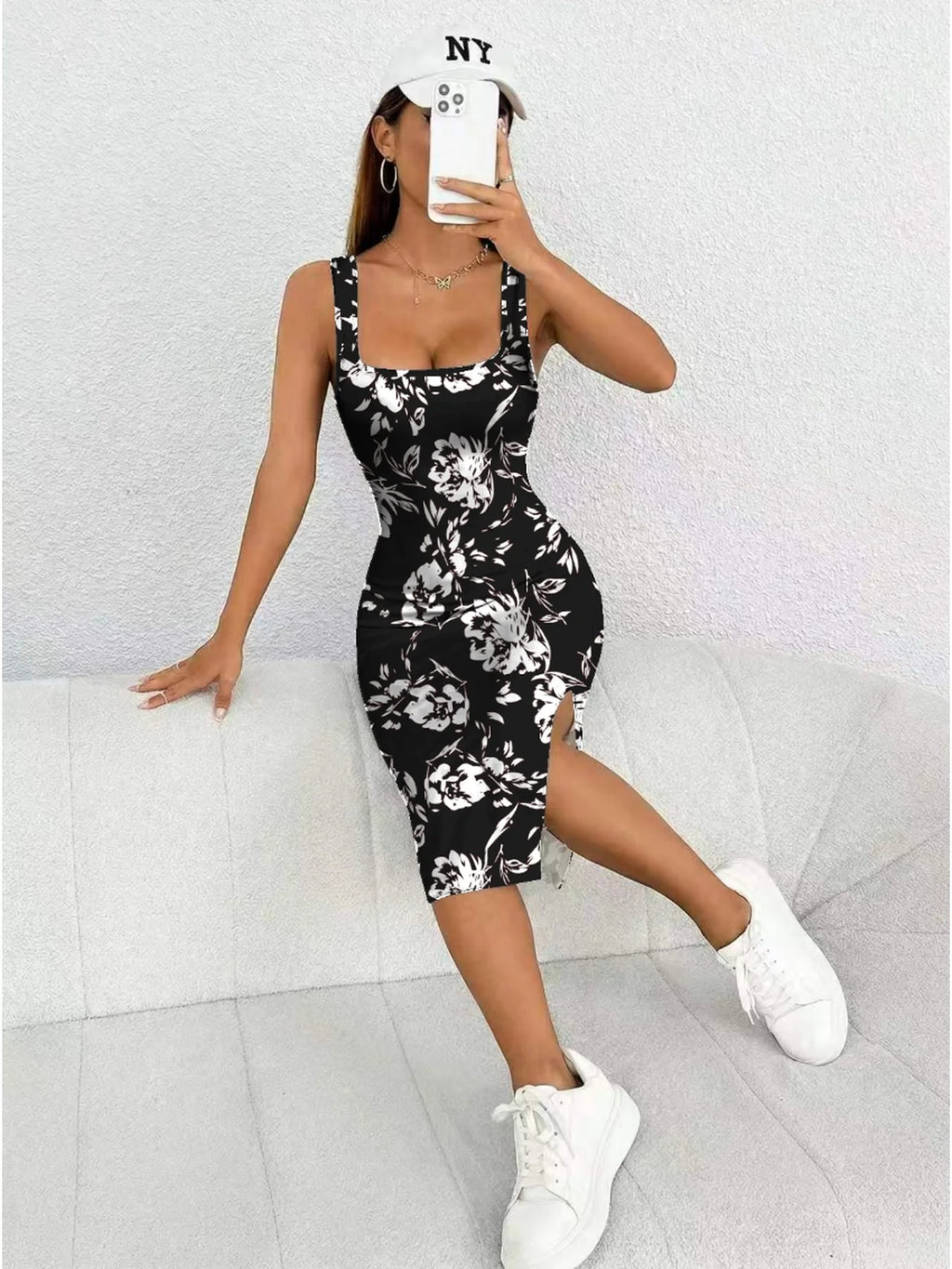 Women's Summer Casual Elegant Comfortable Square Neck Geometric Pattern Floral  Pattern Slit Dress Mid Length Skirt