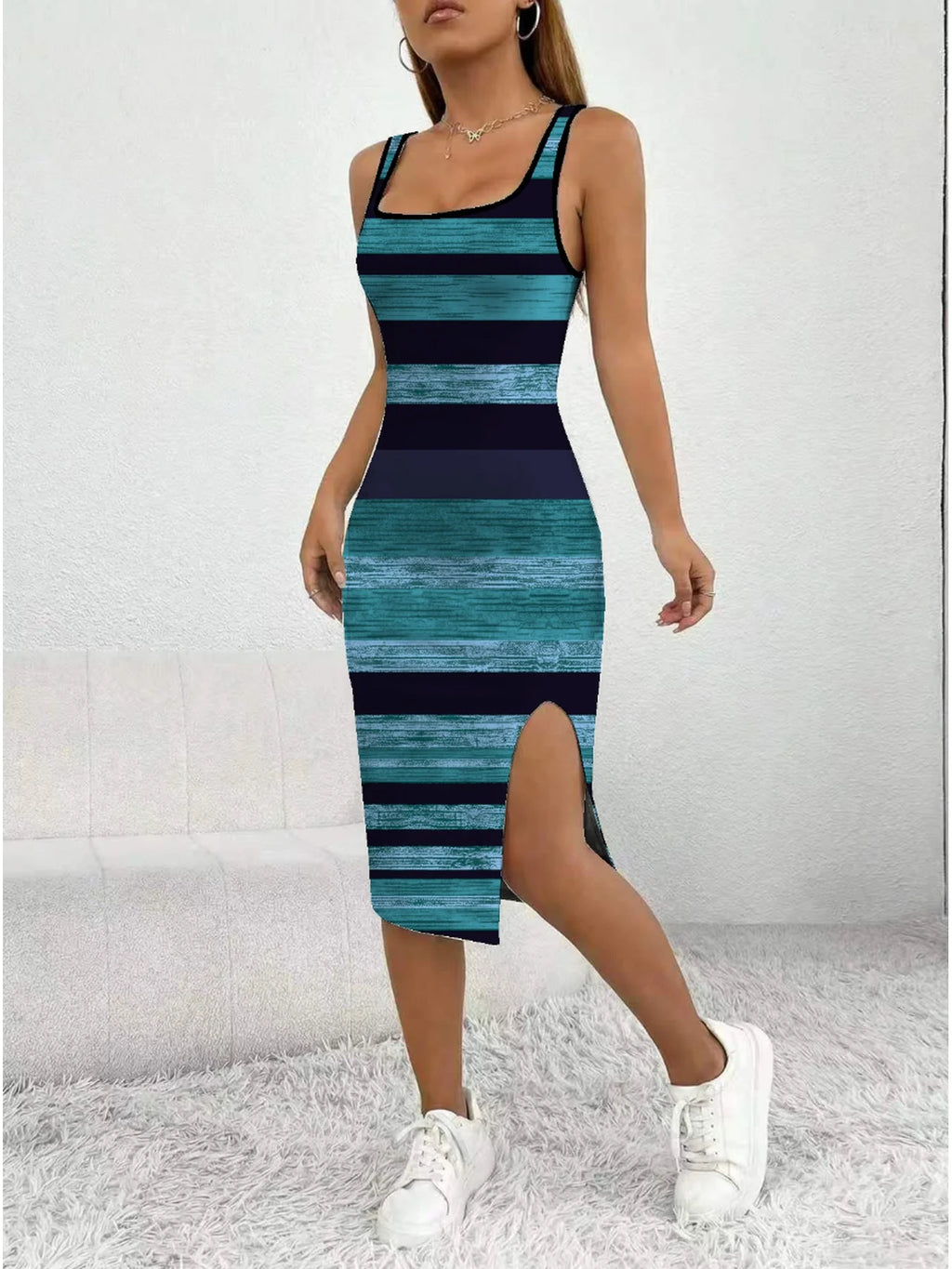 Women's Casual Elegant Comfortable Square Neck Sleeveless Color Block Split Dress mid  Length Skirt