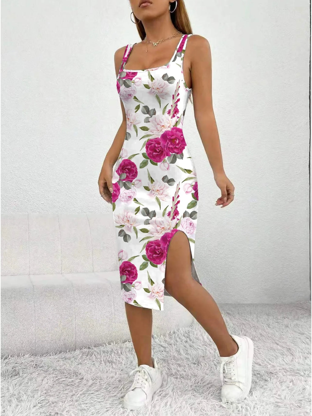 Women's Floral Print Sleeveless Dress Casual Elegant Comfortable Mid-Length  Skirt with Thick Shoulder Strap Square Neck Slit