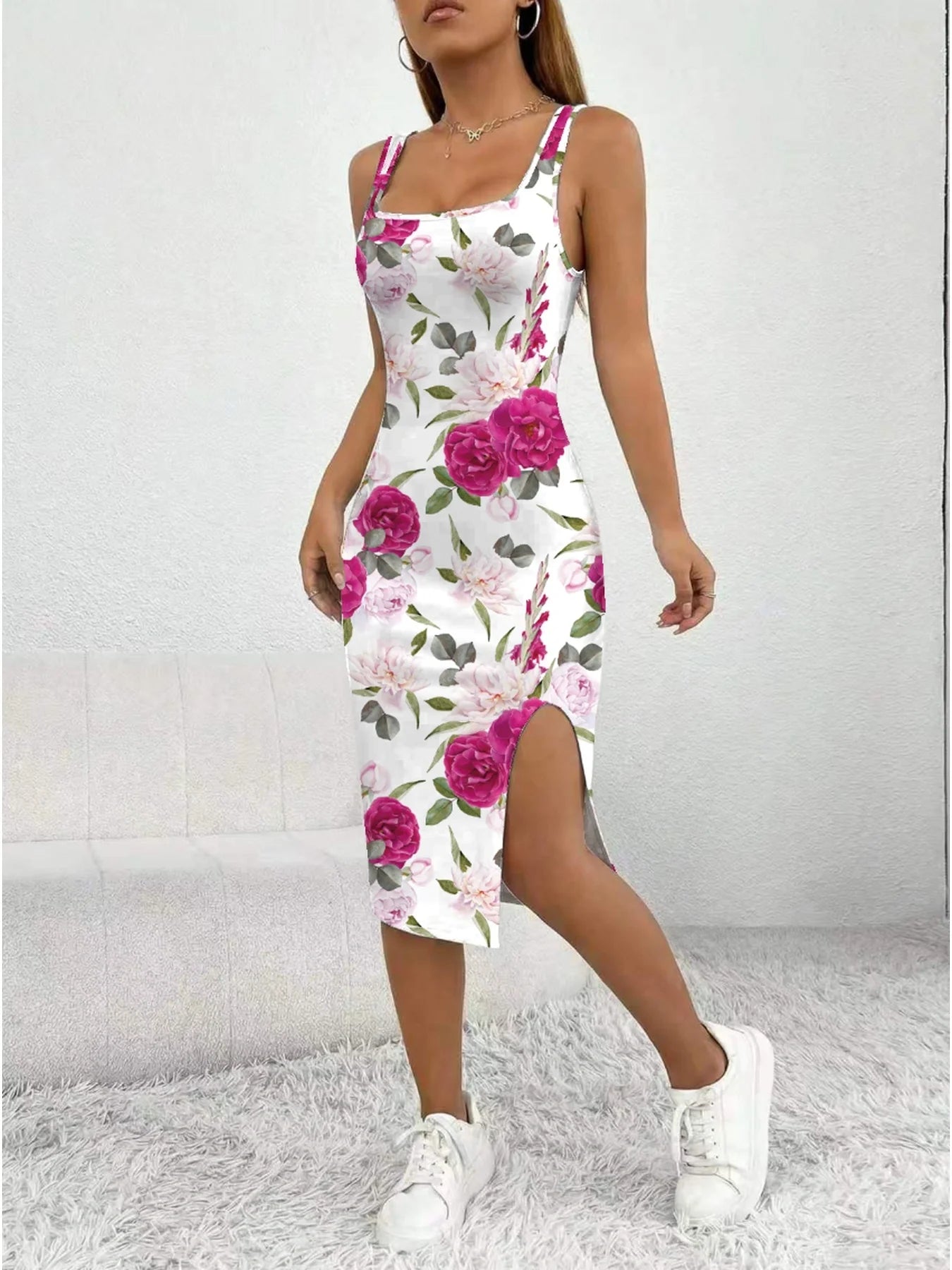 Women's Floral Print Sleeveless Dress Casual Elegant Comfortable Mid-Length  Skirt with Thick Shoulder Strap Square Neck Slit